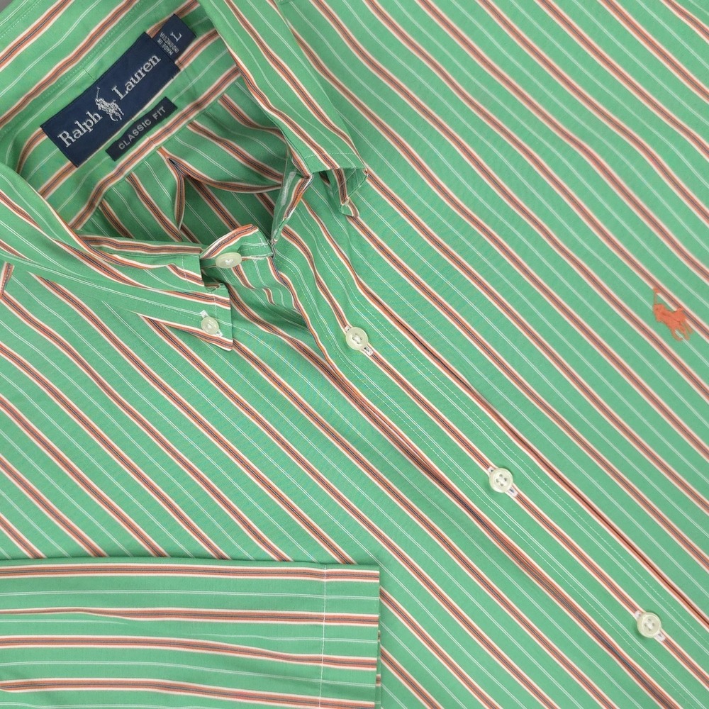 Ralph Lauren Shirt Mens Large Green Stripe Short Sleeve Button Down Classic Fit